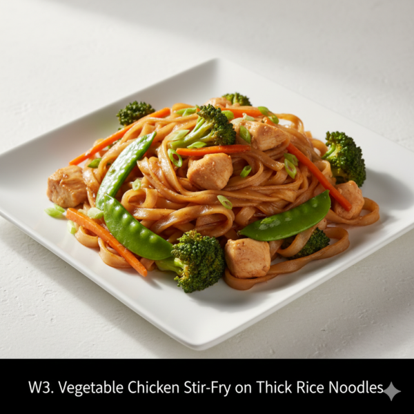 W3. Vegetable Beef or Chicken Stir-Fry on Thick Rice Noodles - Hủ Tiếu Xào Rau Cải với Bò hoặ Gà