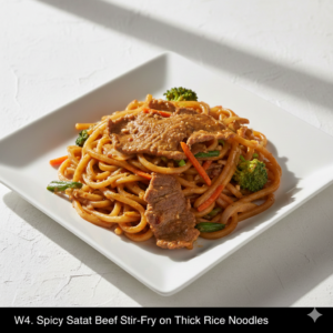 W4. Spicy Satay Beef or Chicken Stir-Fry on Thick Rice Noodles - Hủ Tiếu Xào Saté Xào Sate Bò hoặc Gà