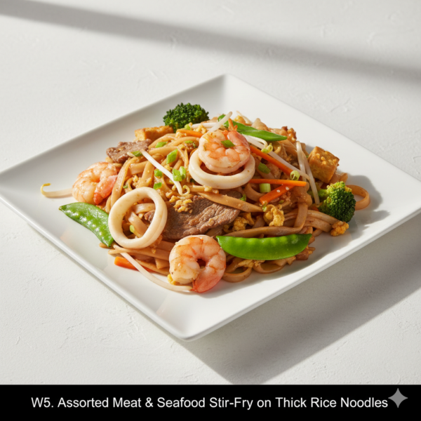 W5. Assorted Meat & Seafood Stir-Fry on Thick Rice or Egg Noodles - Hủ Tiếu hoặc Mì Xào Thập Cẩm