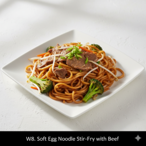 W8. Soft Egg Noodle Stir-Fry with Beef or Chicken & Vegetables - Mì Xào Xào với Rau Cải Bồ hoặc Gà